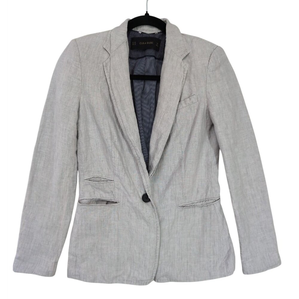 Zara Basic Linen Blazer‎ Womens XS Gray Career Casual Single Button Vented Lined